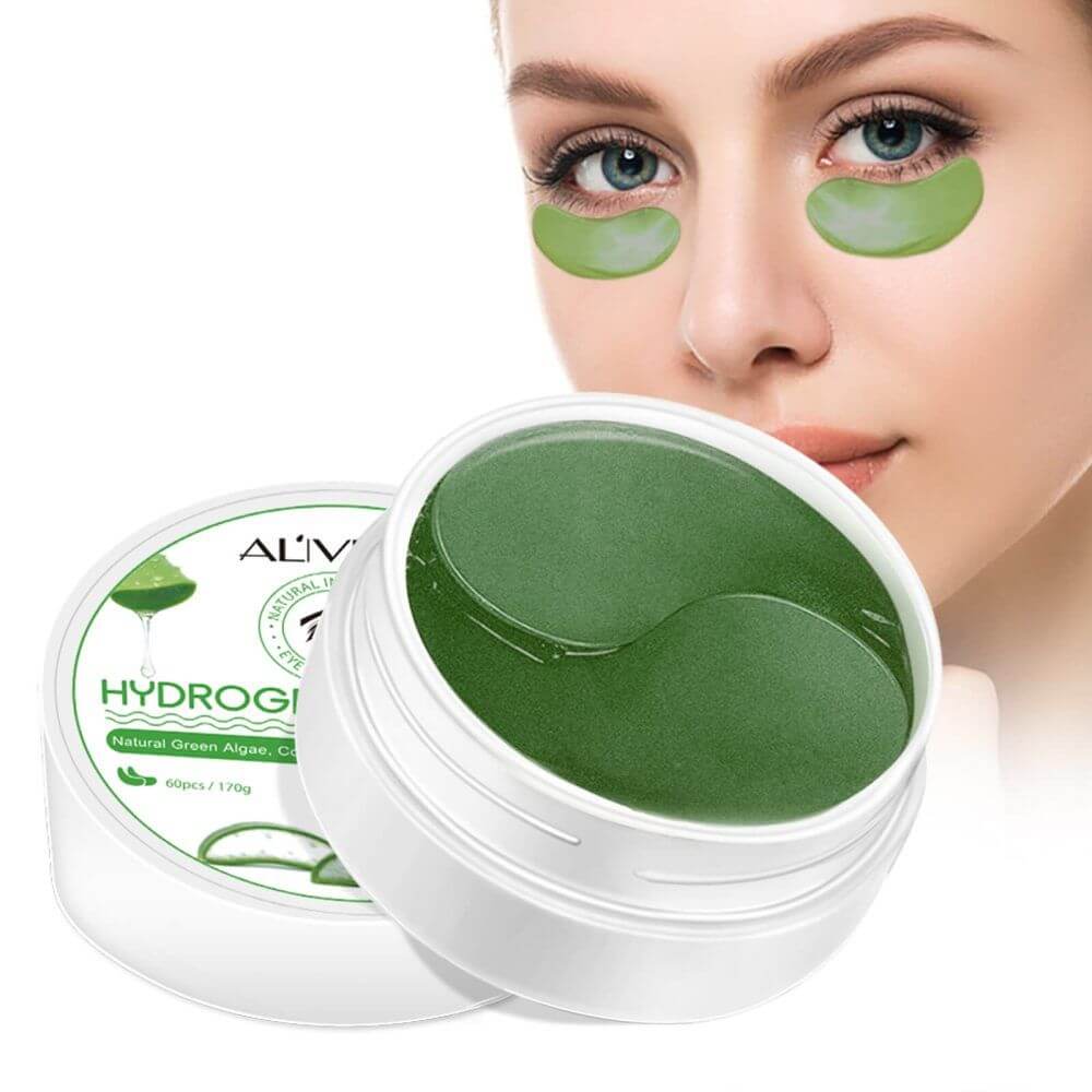 Hydrating eye patches for dark circles, featuring a woman applying green patches under her eyes for a fresh look.