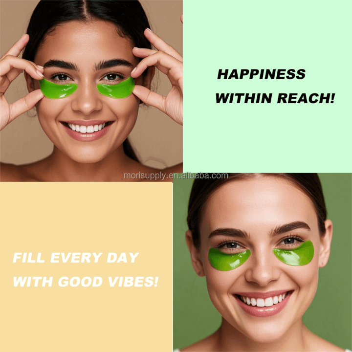 Two smiling women wearing hydrating eye patches, promoting self-care and positivity.